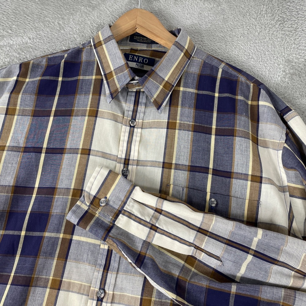 Enro Putzers Shirt Mens XL Tall Blue Tan Plaid Chatham Cloth Preppy Office